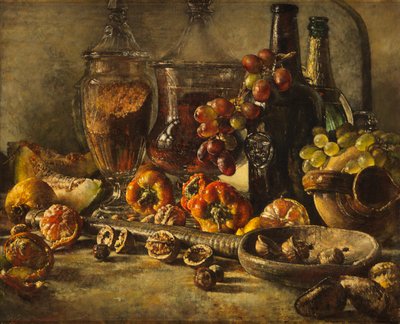Naturaleza muerta con frutas, nueces y botellas de Kenneth Newton