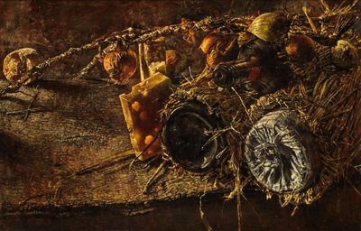 Naturaleza muerta con queso y botellas de Kenneth Newton