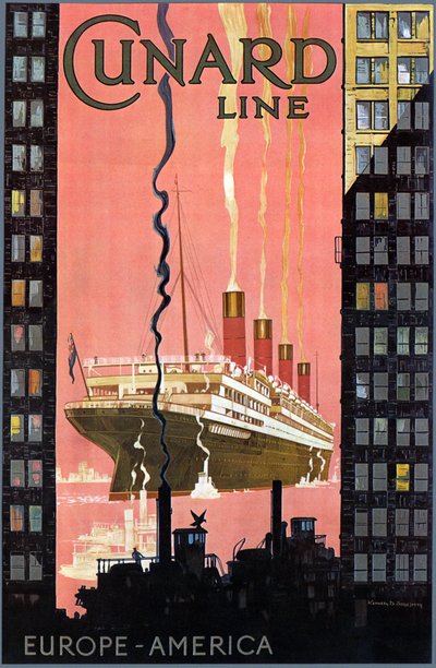 Póster de la línea Cunard Europa-América, EE. UU., c. 1900 de Kenneth Shoesmith
