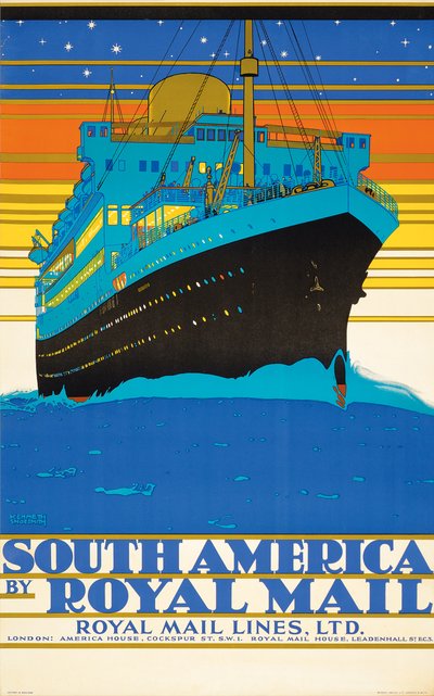 Cartel anunciando Sudamérica por Royal Mail Lines de Kenneth Shoesmith