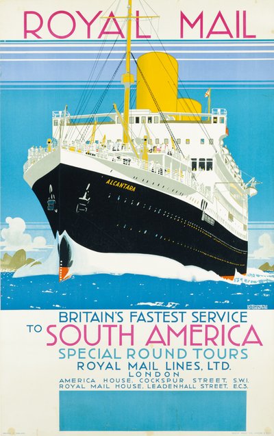 Cartel publicitario del servicio de Royal Mail a Sudamérica de Kenneth Shoesmith