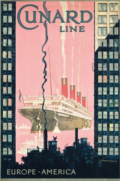 Póster publicitario de viajes de Europa a América con la compañía naviera Cunard Line, c. 1925 de Kenneth Shoesmith