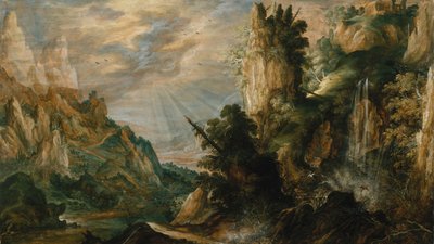 Paisaje montañoso con una cascada, ca. 1600 de Kerstiaen de Keuninck