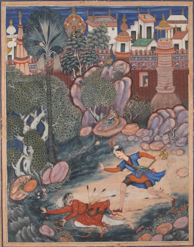 Umar camina alrededor del castillo de Fulad, se encuentra con un soldado de infantería y lo patea al suelo..., ca. 1570 de Kesav Das