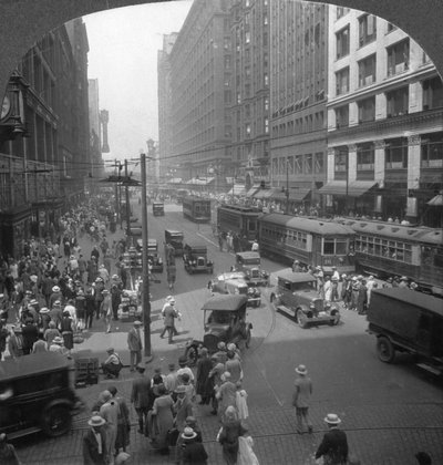 En el corazón del distrito comercial en State Street, Chicago, Illinois, EE.UU., principios del siglo XX de Keystone View Company