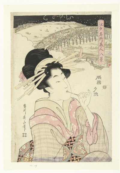 Resplandor vespertino en Ryogoku Ryogoku no sekisho (título sobre objeto) Ocho caras de lugares famosos y bellezas en Edo (título de la serie) Edo meisho bijin hakkei (título de la serie) de Kikugawa Eizan