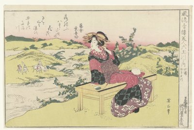 El río Ide Tama en la provincia de Yamashiro. Yamashiro, Ide no Tamagawa. (título en el objeto) Bellezas de las refinadas casas de placer comparadas con los seis ríos Tama (título de la serie) Furyu seiro bijin Mu Tamagawa no uchi. (título de la serie en e de Kikugawa Eizan