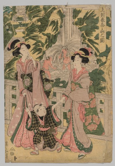 Dos Niñas y un Niño en el Puente del Templo, 1787-1867 de Kikugawa Eizan