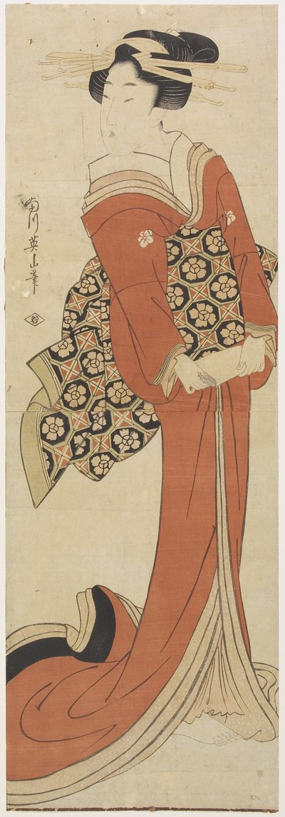 Mujer sosteniendo un rollo de papel de Kikukawa Eizan
