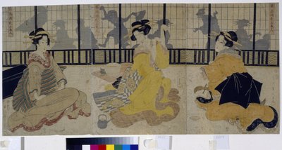 Festival de las tres bellezas. (Fiesta de las Tres Bellezas). Grupo de tres cortesanas (geisha, geiko) del período Edo o período Tokugawa (1600-1868) en una casa de té (ochaya). Obra de Kikukawa Eizan (1787-1867), xilografía (impresión) 1814. Arte i de Kikukawa Eizan