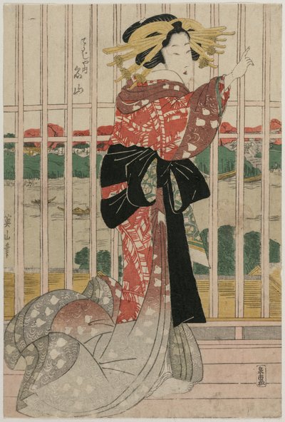 La Cortesana Meizan del Chojiya en un Balcón con Vista al Río Sumida de Kikukawa Eizan