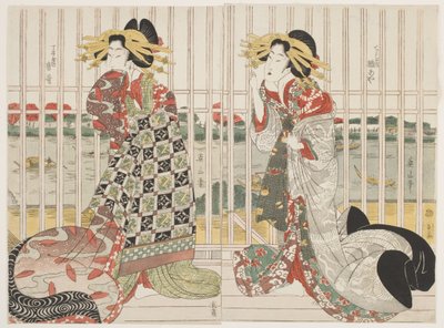 Las cortesanas Hinaya y Karauta detrás de la ventana enrejada de la casa Chojiya junto al río Sumida en la temporada de los cerezos en flor de Kikukawa Eizan