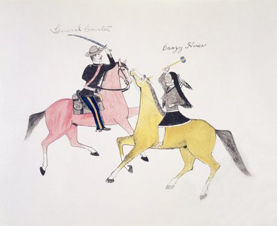 Representación simbólica del conflicto entre los indios y los blancos representados por sus dos líderes más famosos, el General Custer y Caballo Loco de Kills Two