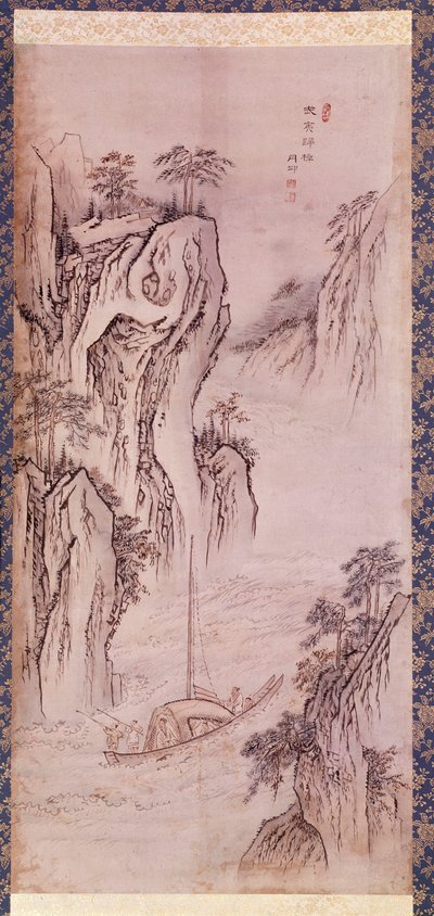 Art coreen: el regreso de Mu-i. Paisaje de Coreen con barco y acantilado. Grabado de Kim Hong do o Danwon (1745-ca. 1806). 1760. Colección Hyung Pil Chun. de Kim Hong Do