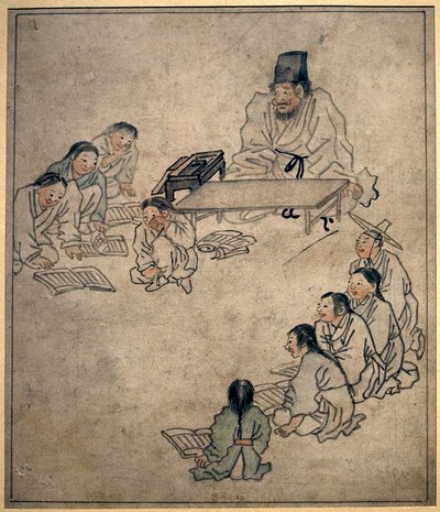 Una clase escolar. Pintura de Danwon (Kim Hongdo) (1745-1806), tinta sobre papel, arte coreano, periodo Joseon (Choson), siglo XVIII. Museo Nacional de Corea, Seúl (Corea del Sur). de Kim Hong Do