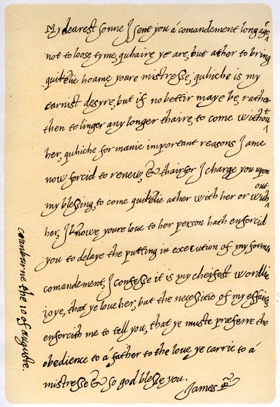 Carta de Jacobo I a su hijo, Carlos, Príncipe de Gales, 10 de agosto de 1623 de King James I
