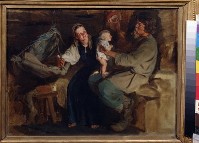 Alegría de los padres. En un interior modesto, una pareja de campesinos, el padre sentado, sostiene a su bebé semidesnudo, de pie en equilibrio sobre sus rodillas, a sus costados, la madre sonríe y sostiene la cuna suspendida. Pintura de Kirill (Karl) Vike de Kirill Vikentievich Lemoch