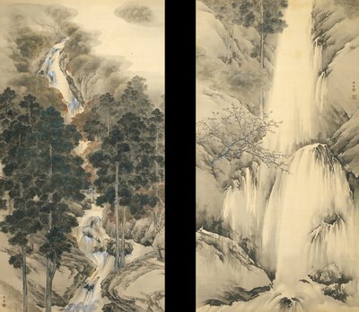 Cascada en Primavera y Otoño Conjunto de dos pergaminos colgantes de Kishi Chikudo