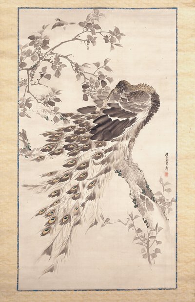 Peacock On Cherry-Apple Tree (tinta y color sobre seda) de Kishi Ganku