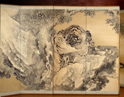 Biombo que representa un tigre rugiendo de Kishi Ganku