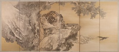 Biombo de seis paneles que representa un tigre rugiente, 1749-1838 de Kishi Ganku