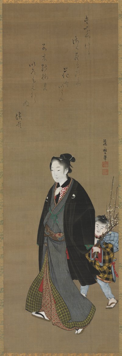 Hombre paseando con un niño que lleva una rama floreciente, c. 1810 de Kitagawa Fujimaro
