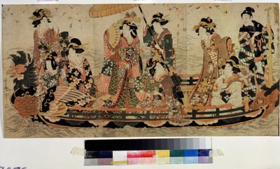 Admira los cerezos en flor (Hanami) (Cherry Blossom Viewing, Hanami). Imprimir por Kitagawa Utamaro II (?-1831). Aguafuerte a color, 37 x 76 cm. arte oriental. Museo Pushkin, Moscú de Kitagawa II Utamaro