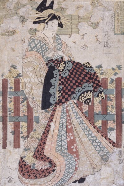 Tsukioka del Tama-Ya, tríptico de bellezas y flores (xilografía en color) de Kitagawa II Utamaro