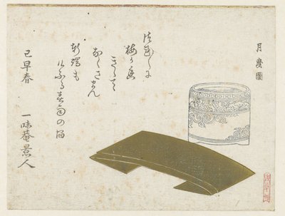 Una olla de porcelana y papel doblado de Kitagawa Tsukimaro
