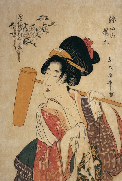 Primer plano de una joven con un mortero de madera en su hombro de Kitagawa Tsukimaro
