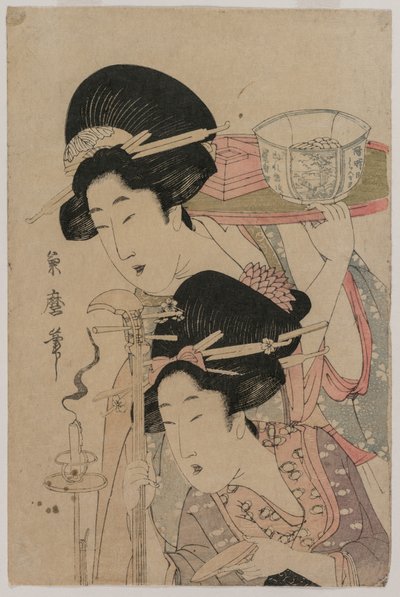 Dos geishas junto a una vela de Kitagawa Tsukimaro