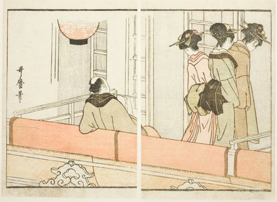 Un palco en el teatro Kabuki, del libro ilustrado "Guía de los camerinos de los actores (Yakusha gakuya tsu)" de Kitagawa Utamaro