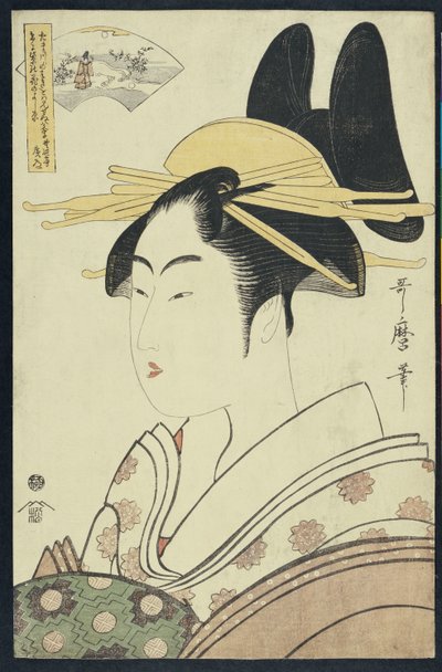 Un retrato Okubi-E de una cortesana representando el río Hagi o Noki de Kitagawa Utamaro