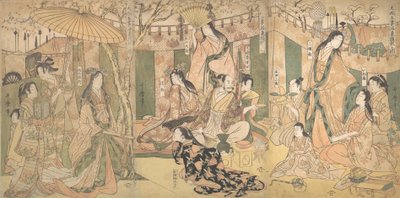 Vista de los placeres del Taiko y sus cinco esposas en Rakuto de Kitagawa Utamaro