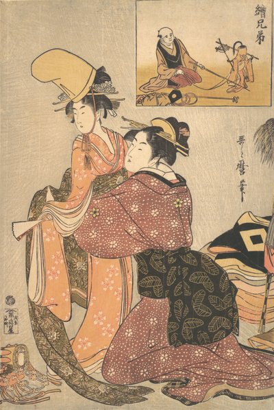 Una mujer vistiendo a una niña para la danza Kabuki “Musume Dojoji..., ca. 1795-96 de Kitagawa Utamaro