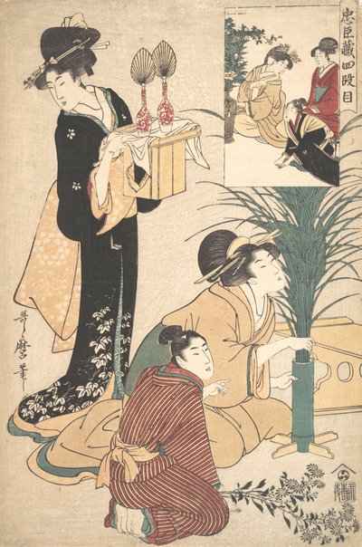 Una Mujer y un Hombre Arreglando Flores para el Festival de la Luna Tsukimi, 1802 de Kitagawa Utamaro
