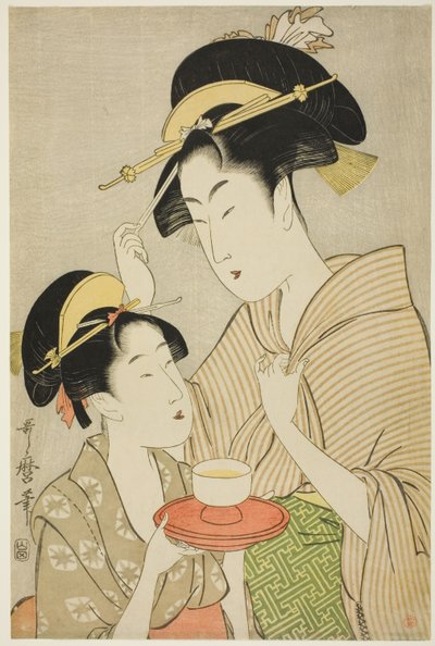 Una Joven Ofreciendo Té a Otra Mujer de Kitagawa Utamaro