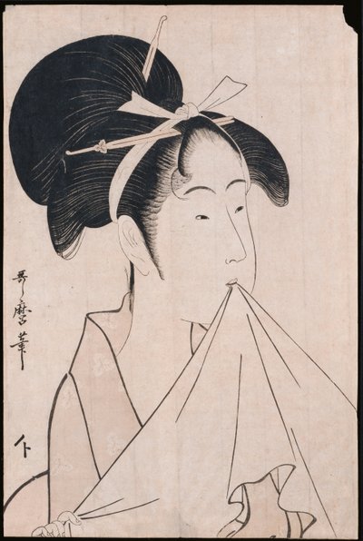 Retrato de busto de Okita de Naniwaya sosteniendo una toalla de mano en sus dientes y estirando la tela de Kitagawa Utamaro