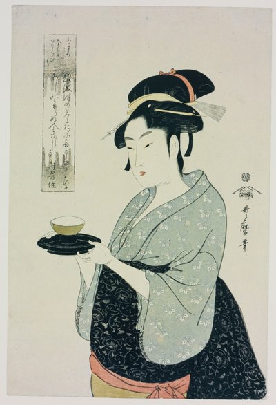Retrato de Medio Cuerpo de Naniwaya Okita, representando a la famosa camarera de la casa de té sirviendo una taza de té de Kitagawa Utamaro
