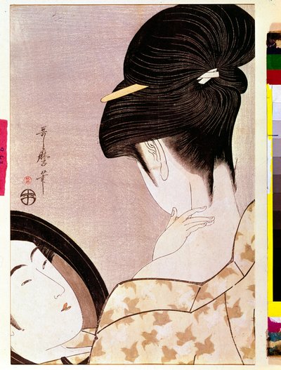 Mujer empolvando su cuello con sombra de Kitagawa Utamaro