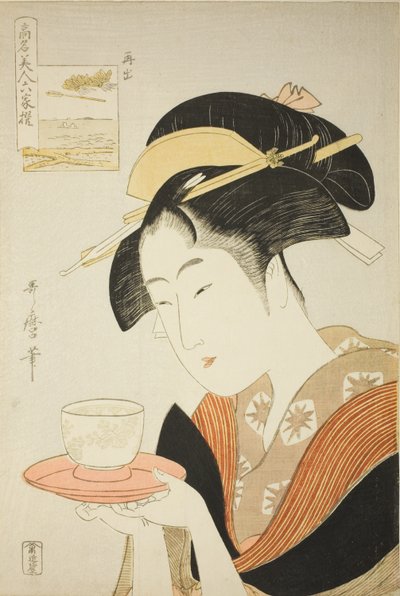 Apareciendo de nuevo: Naniwaya Okita, de la serie “Bellezas renombradas comparadas con los seis poetas inmortales" ("Komei bijin rokkasen") de Kitagawa Utamaro