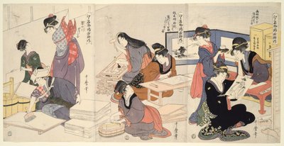 Artista, tallador de bloques, aplicando tamaño (Eshi, hangashi, dosa-biki), de la serie El cultivo de impresiones de brocado, un producto famoso de Edo (Edo meibutsu nishiki-e kosaku) de Kitagawa Utamaro