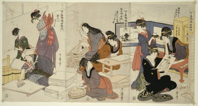 Artista, tallador de bloques, aplicando tamaño, de la serie El cultivo de impresiones de brocado, un producto famoso de Edo de Kitagawa Utamaro