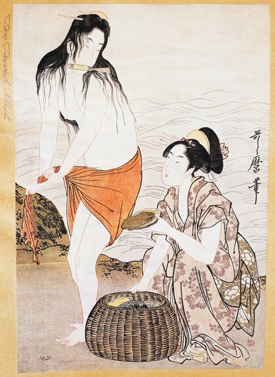 Pescadores de awabi (moluscos) en el agua, ukiyo-e de Kitagawa Utamaro