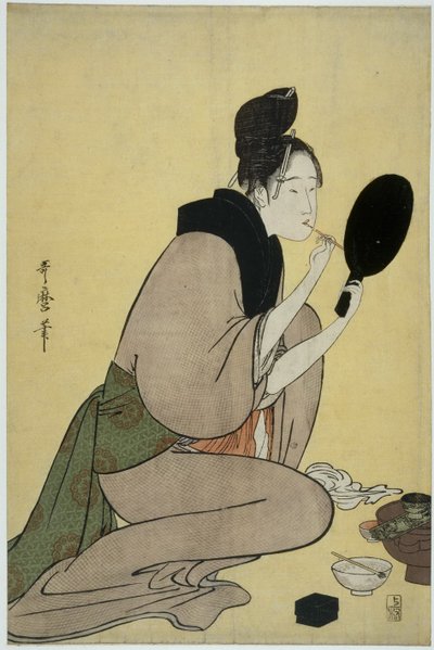 Bijin-ga. Chica aplicándose maquillaje en los labios de Kitagawa Utamaro