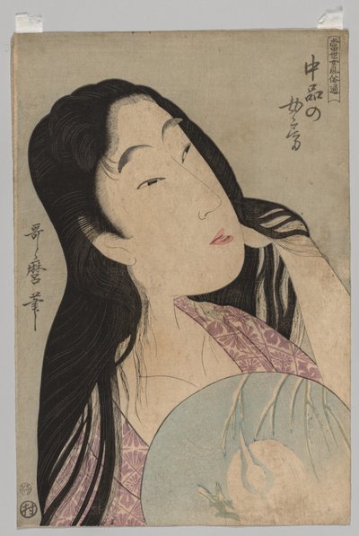Busto de mujer con cabello suelto sosteniendo un abanico, 1753-1806 de Kitagawa Utamaro