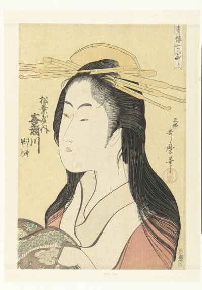 Busto retrato de la cortesana Kisegawa de la casa Matsubaya. Matsubaya uchi Kisegawa (título sobre objeto) Los siete Komachi de las casas de placer (título de la serie) Seiro nana Komachi (título de serie en objeto) de Kitagawa Utamaro