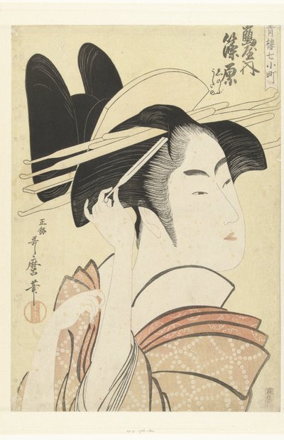 Busto retrato de la cortesana Shinowara de la casa Tsuruya. Tsuruya uchi Shinowara (título sobre objeto) Los siete Komachi de las casas de placer (título de la serie) Seiro nana Komachi (título de serie en objeto) de Kitagawa Utamaro