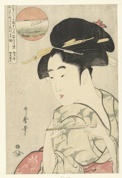 Busto retrato de mujer joven con abanico de Kitagawa Utamaro