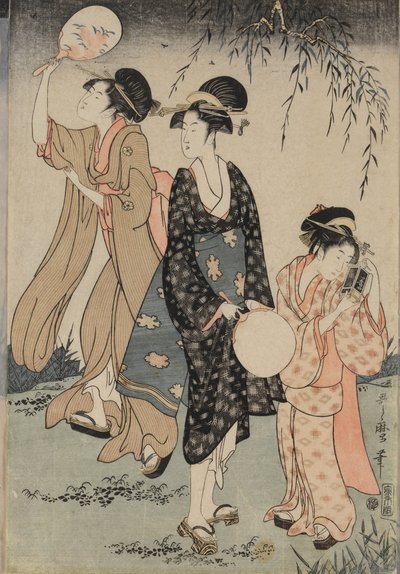 Catching Fireflies Beneath a Willow Tree (center) de Kitagawa Utamaro